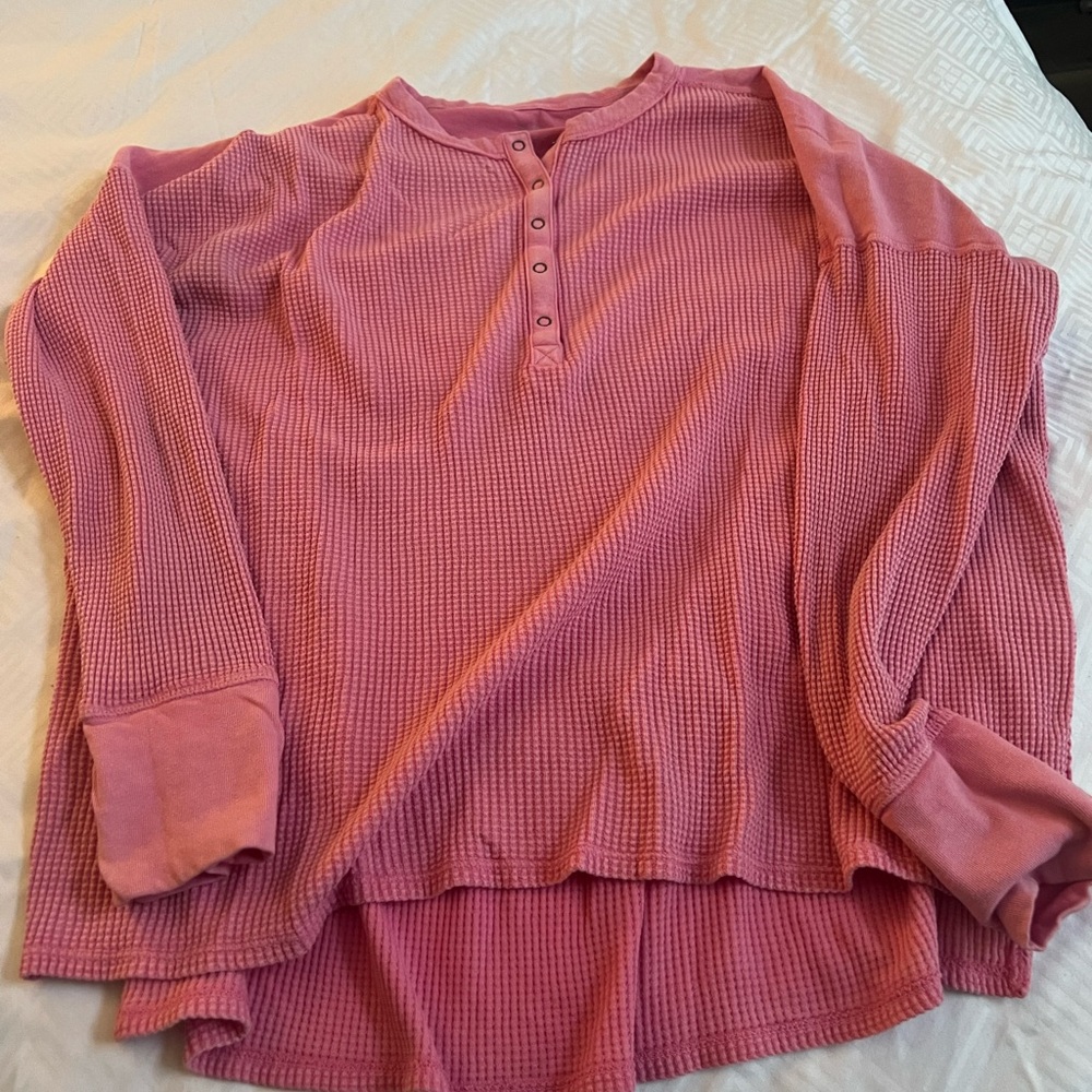 Aerie Offline Pink Waffle Knit Long Sleeve Tee